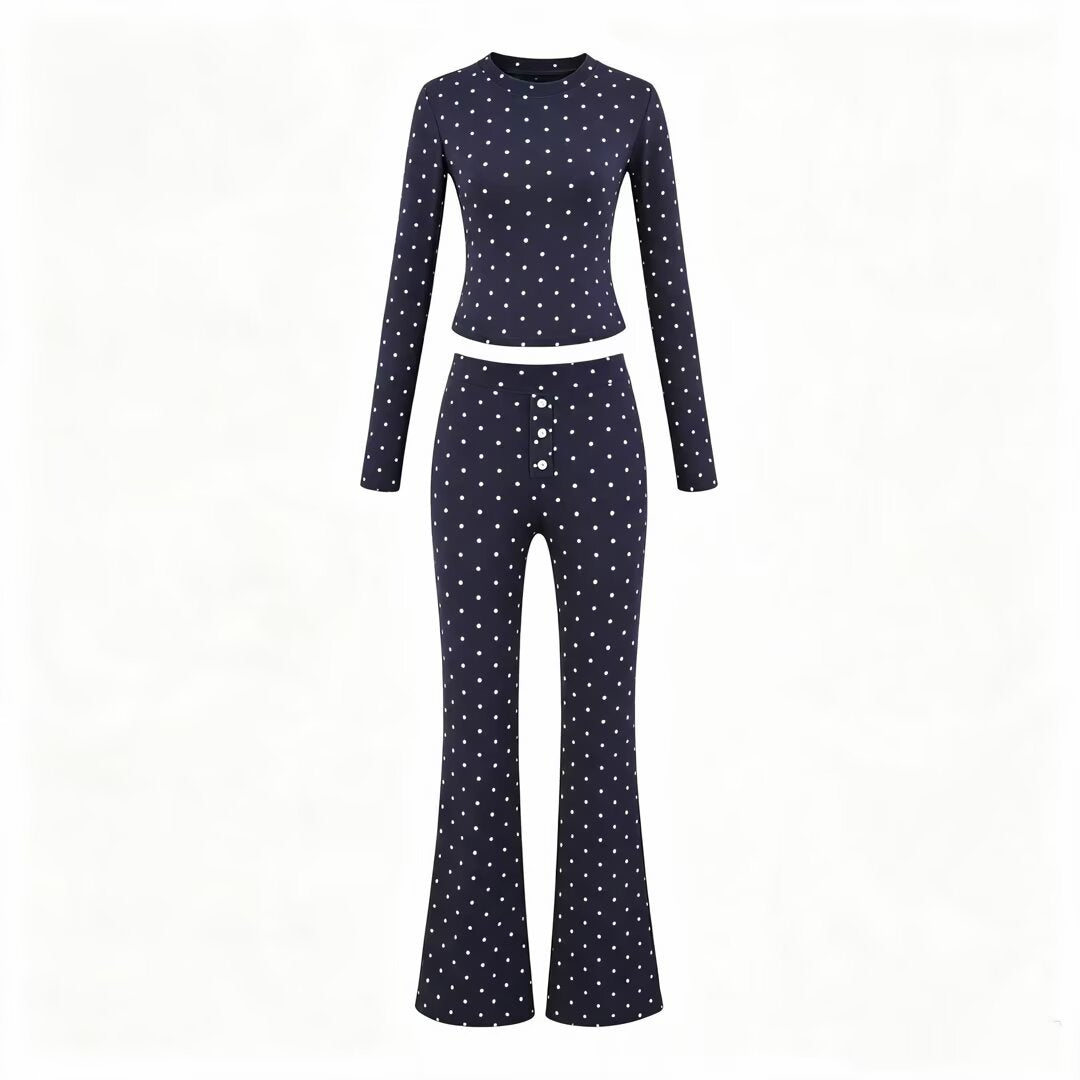 Damen Zweiteiliges Stretch-Jersey Lounge-Set mit Cropped Longsleeve und High‑Waist Schlaghose Drune