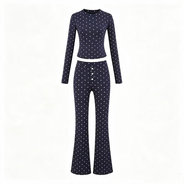 Damen Zweiteiliges Stretch-Jersey Lounge-Set mit Cropped Longsleeve und High‑Waist Schlaghose Drune