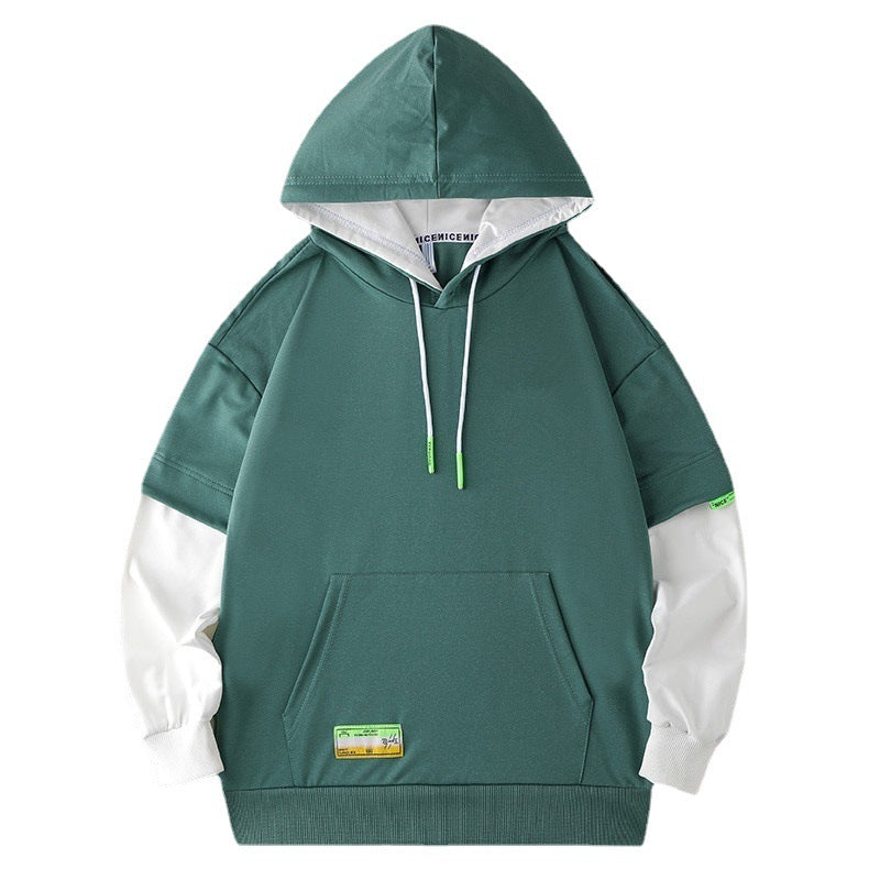 Herren Oversize-Lagenlook Kapuzenpullover mit Kontrastärmeln und Kängurutasche Drune