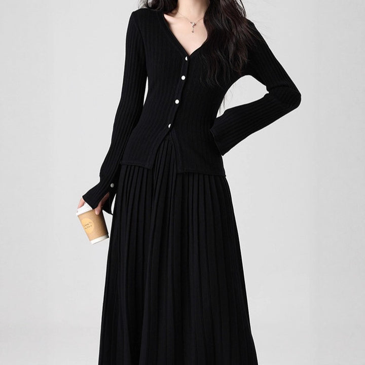 Damen Feines Strick-Set mit V-Ausschnitt Cardigan und plissiertem Maxirock Drune