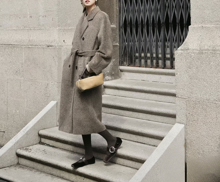Damen Modischer und eleganter Bouclé-Mantel mit doppelter Knopfleiste Drune