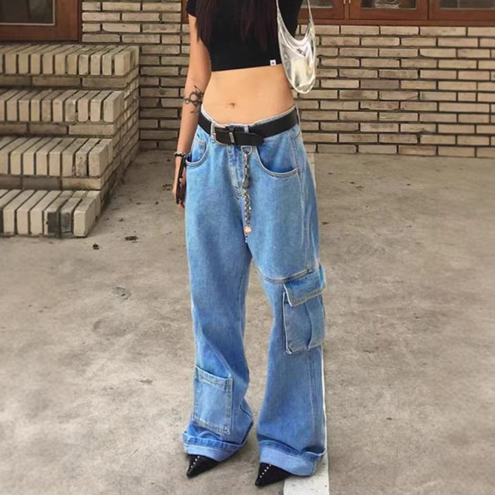 Damen Extraweite Baggy-Jeans mit Cargo-Patches und tiefem Bund Drune