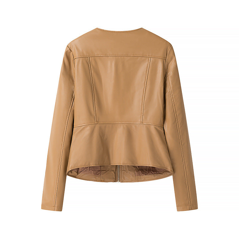 Damen nan leichte vegane Lederjacke mit Rundhalsausschnitt, tailliertem Schnitt und durchgehendem Reißverschluss Drune