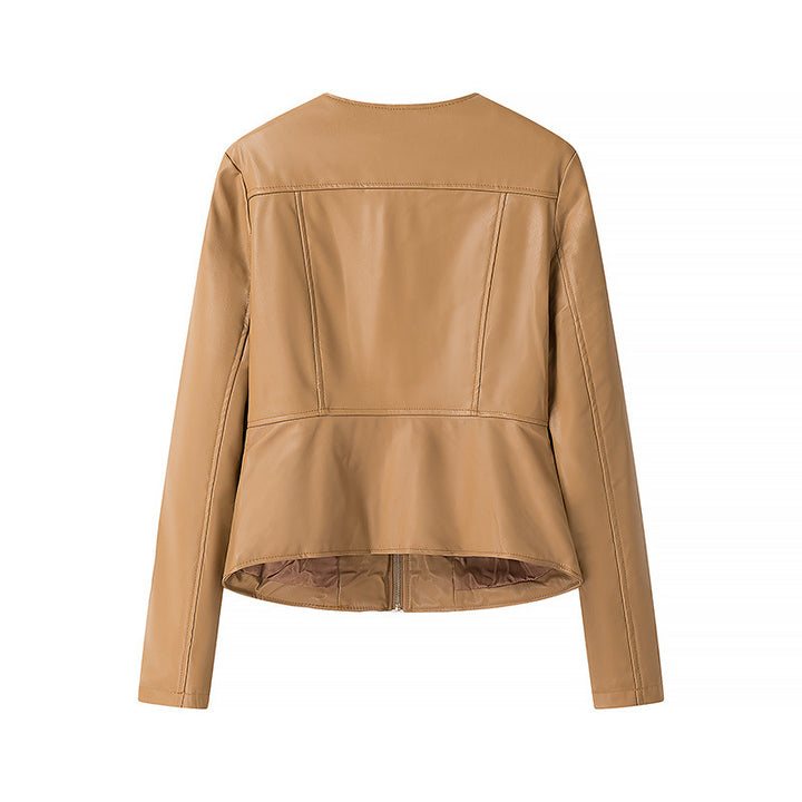 Damen nan leichte vegane Lederjacke mit Rundhalsausschnitt, tailliertem Schnitt und durchgehendem Reißverschluss Drune