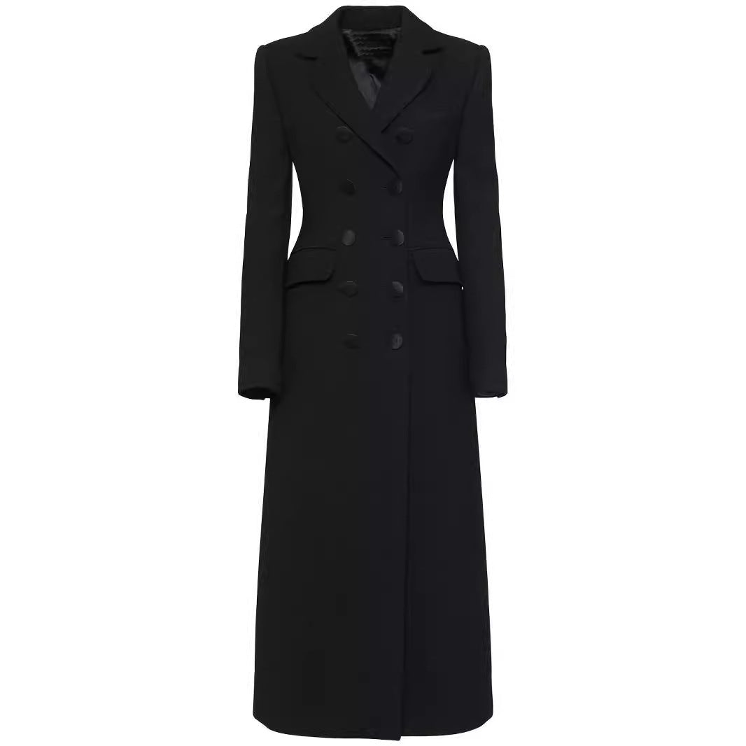 Damen Doppelreihiges tailliertes Blazerkleid mit Maxi‑Länge und Pattentaschen Drune
