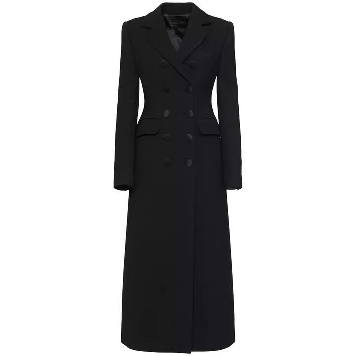 Damen Doppelreihiges tailliertes Blazerkleid mit Maxi‑Länge und Pattentaschen Drune