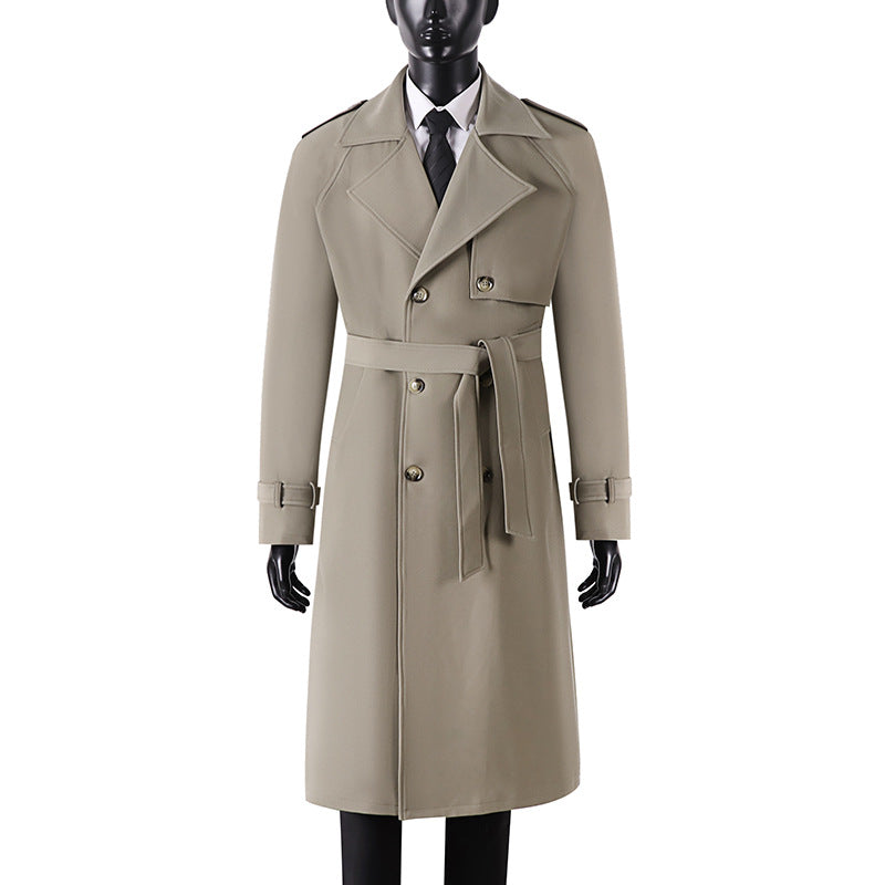 Herren Langer Minimalistischer Trenchcoat mit Sturmklappe Taillengürtel und verstellbaren Manschetten Drune