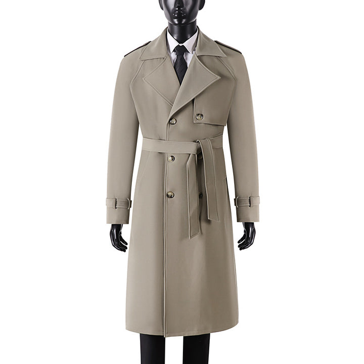Herren Langer Minimalistischer Trenchcoat mit Sturmklappe Taillengürtel und verstellbaren Manschetten Drune