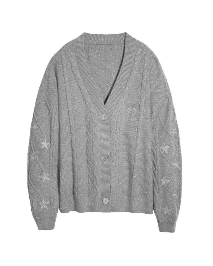 Damen nan großzügiger Grobstrick-Cardigan mit Zopfmuster, V-Ausschnitt und Sternstickereien Drune