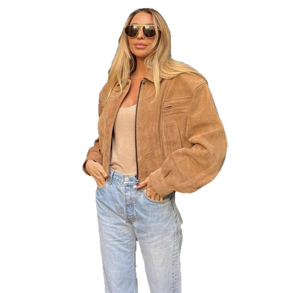 Damen cropped Wildlederjacke mit breiten Ärmeln und praktischen Taschen Drune