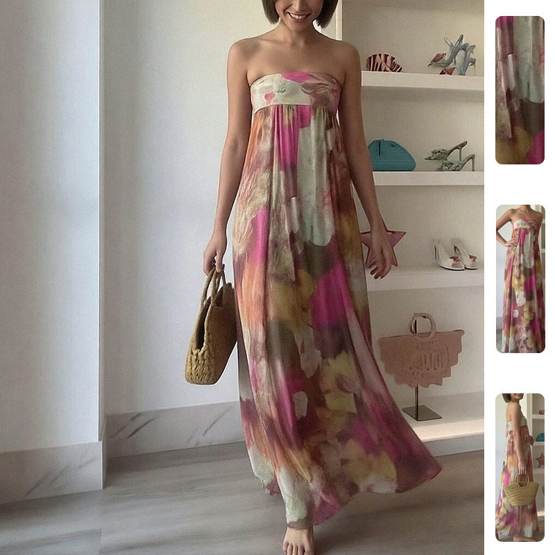 Damen Lange Strandkleid mit schulterfreiem Design und floralem Muster Drune
