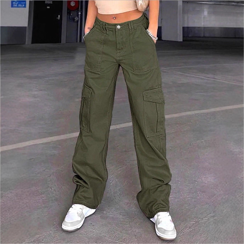 Damen weite Cargo-Hose mit hoher Taille, aufgesetzten Klappentaschen und legerer Baggy-Passform Drune