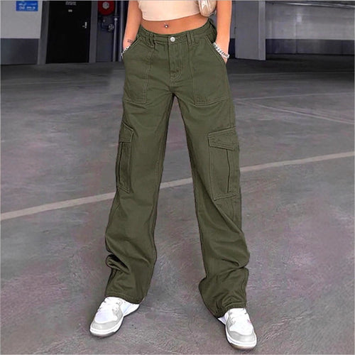 Damen weite Cargo-Hose mit hoher Taille, aufgesetzten Klappentaschen und legerer Baggy-Passform Drune