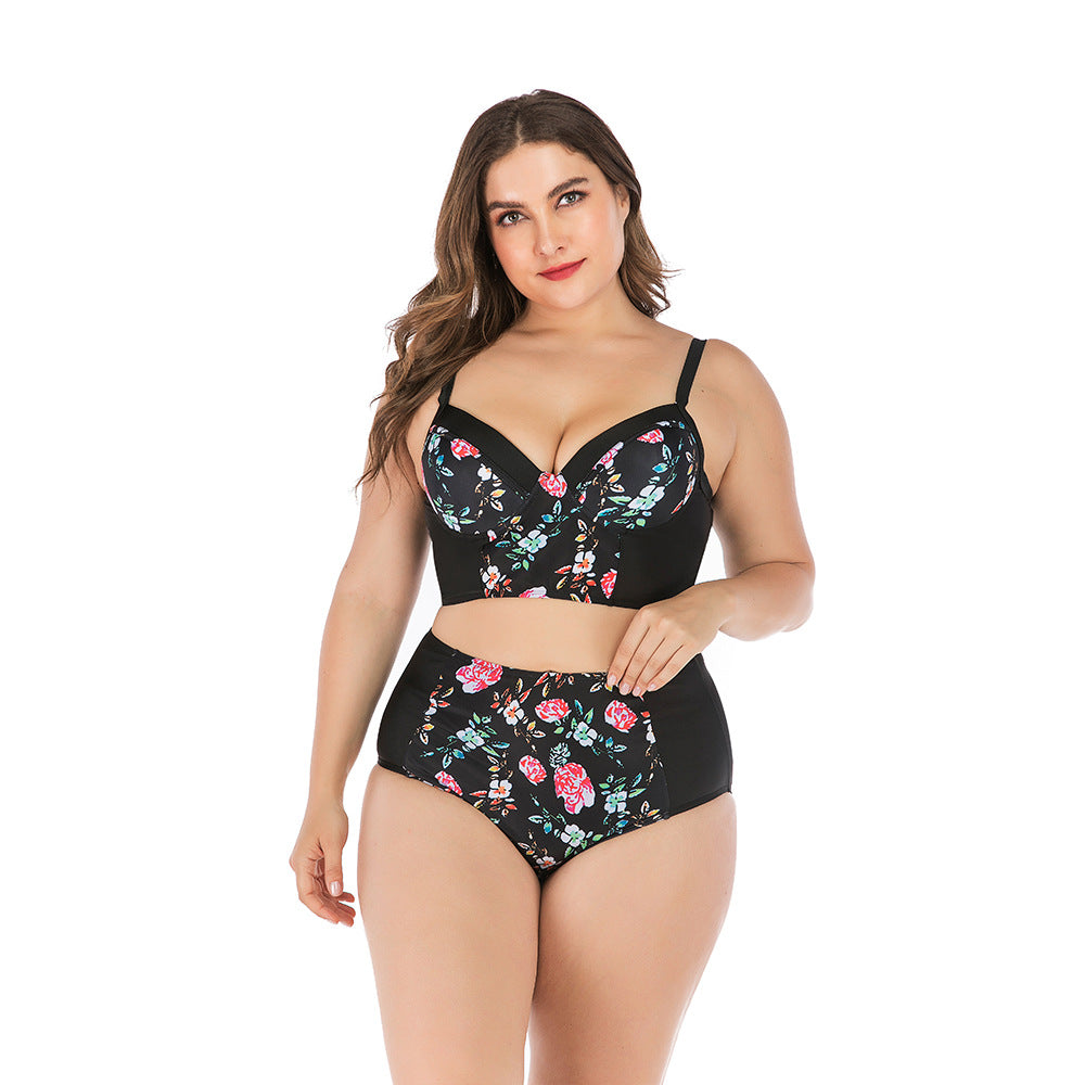 Damen Hochtailliertes Bikini-Set mit floralem Oberteil und unterstützendem Schnitt Drune