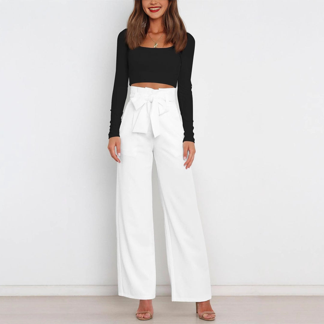 Damen Weit geschnittene High-Waist-Hose mit Binde-Gürtel und Taschen Drune