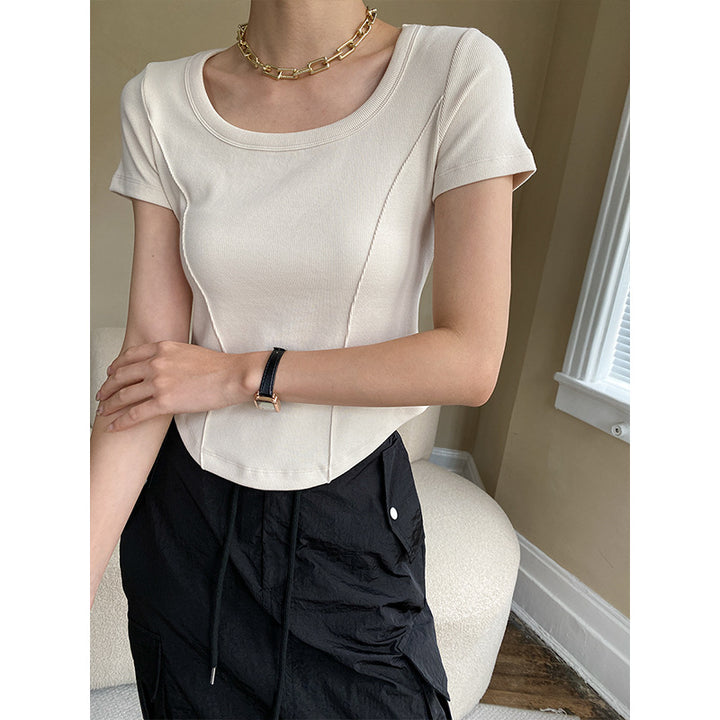 Damen figurbetontes Ripp-T-Shirt mit Rundhalsausschnitt Drune