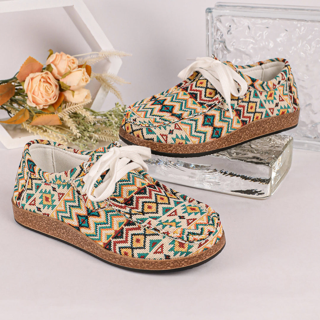 Damen Ethno-Canvas-Sneaker mit gepolstertem Fußbett und Korkoptik-Sohle Drune