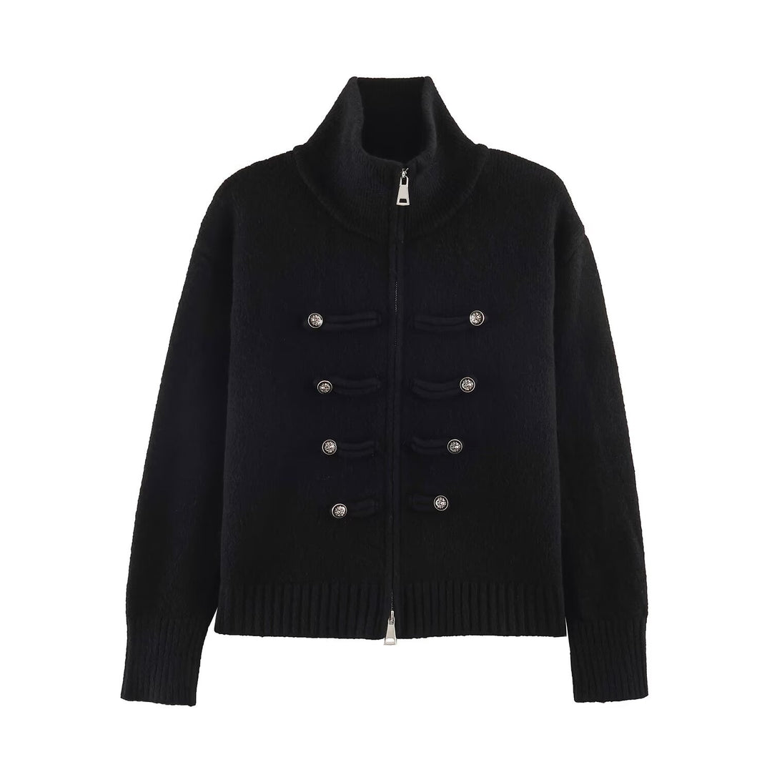 Damen Strickjacke mit Reißverschluss, hohem Stehkragen und dekorativen Zierknopfleisten Drune