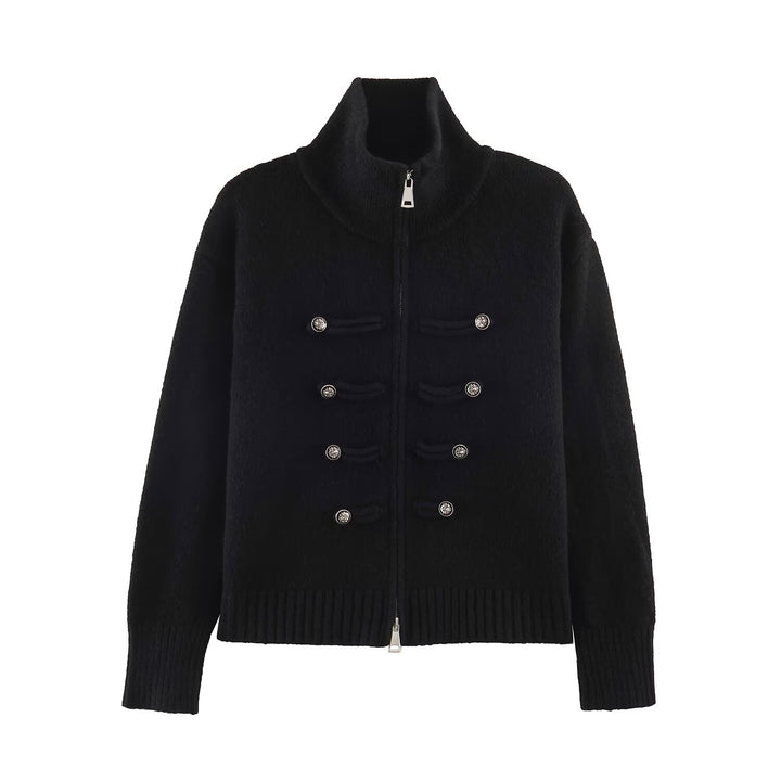 Damen Strickjacke mit Reißverschluss, hohem Stehkragen und dekorativen Zierknopfleisten Drune