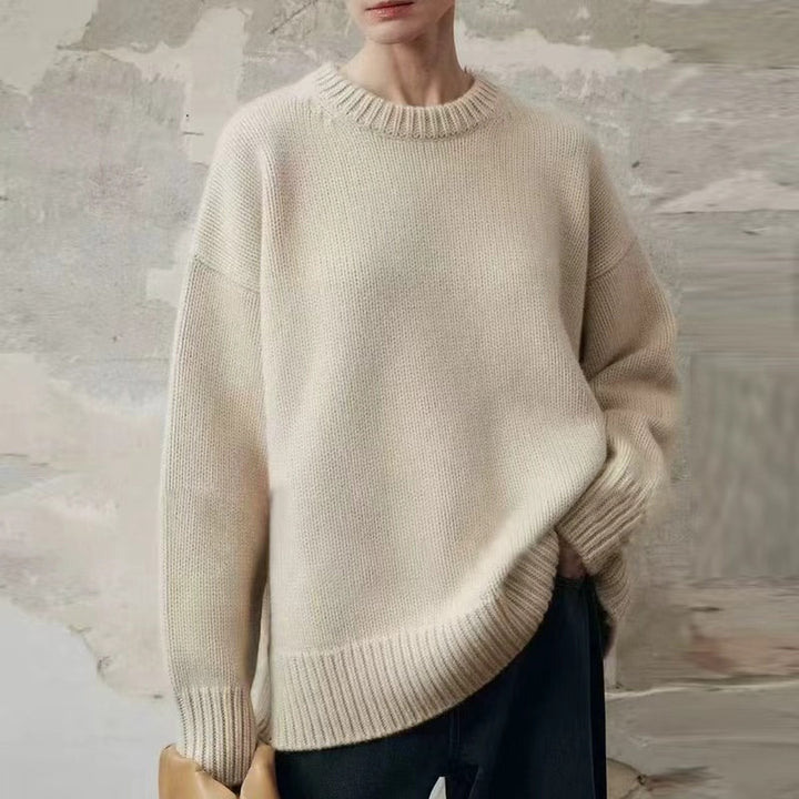 Damen Oversize-Feinstrickpullover mit Rundhals, fallender Schulter und geripptem Saum Drune