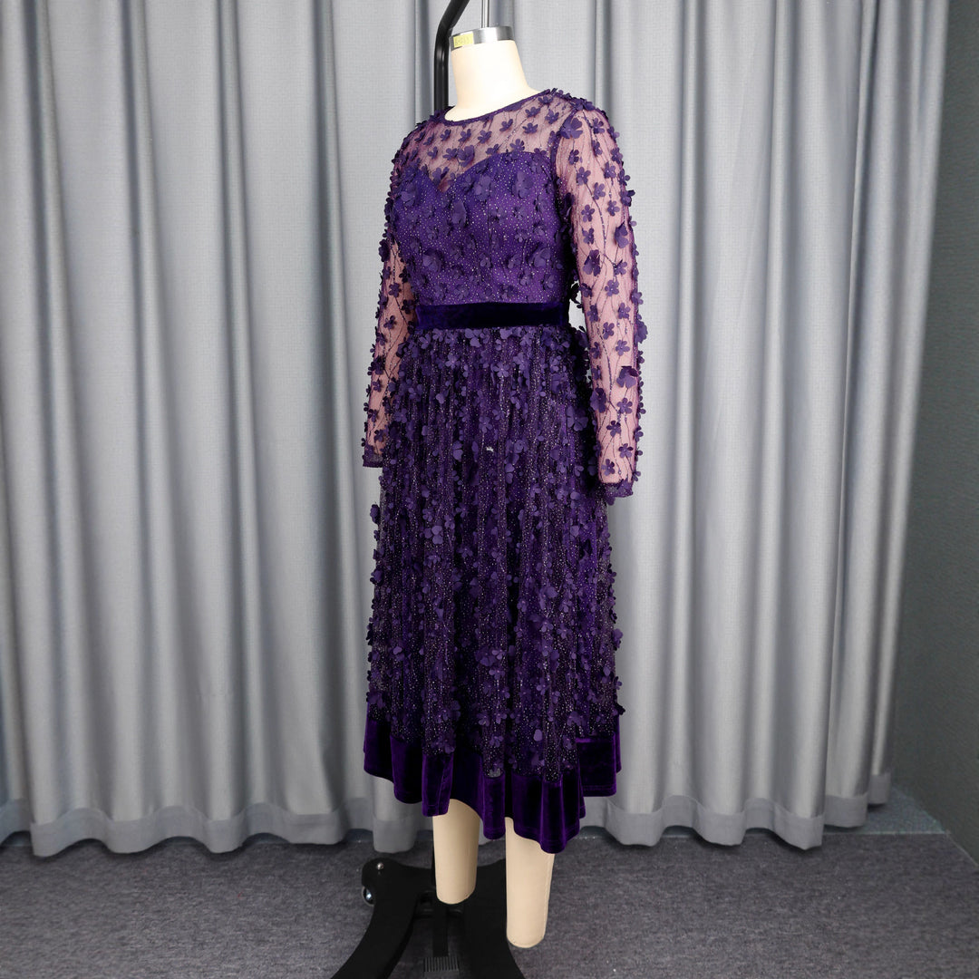 Damen elegantes A-Linien Abendkleid mit floralen Spitzenapplikationen Drune