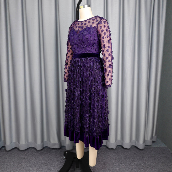Damen elegantes A-Linien Abendkleid mit floralen Spitzenapplikationen Drune