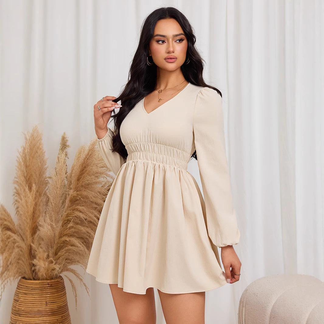 Damen gerafftes Skater-Minikleid mit V-Ausschnitt Smok-Taillenband und ballonärmeln Drune