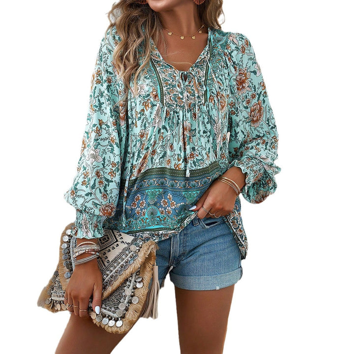 Damen nan lockere Boho-Tunika mit V-Ausschnitt Bindeband gerafften Ärmeln und floralem Muster Drune