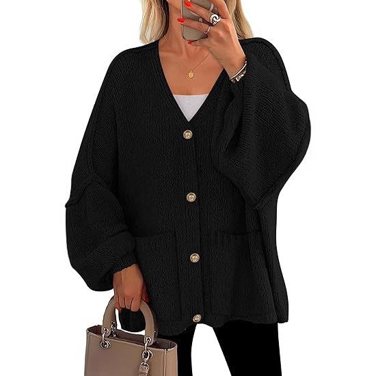 Damen Oversized Strickjacke mit Knöpfen und großen Taschen Drune