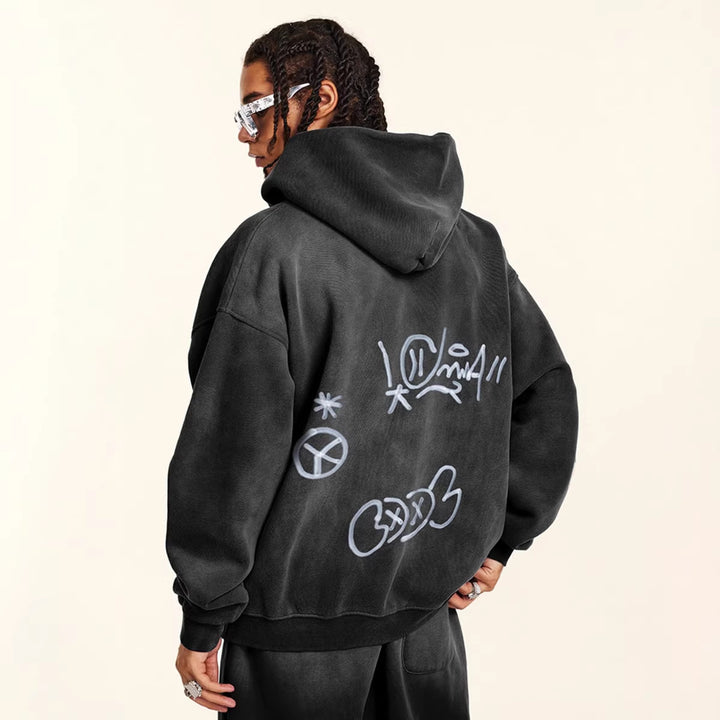 Unisex nan oversized Kapuzenjacke mit durchgehendem Reißverschluss, gebürstetem Fleecefutter und handähnlichem Sprayprint Drune