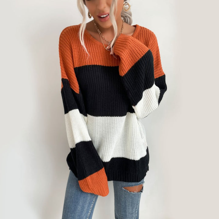 Damen Oversize Strickpullover mit schrägem Carmen-Ausschnitt und breiten Farbblöcken Drune