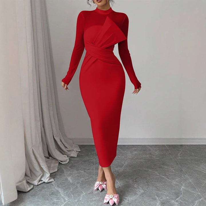 Damen Elegantes Langarm-Midi-Kleid mit raffinierter Drapierung und figurbetonter Silhouette Drune