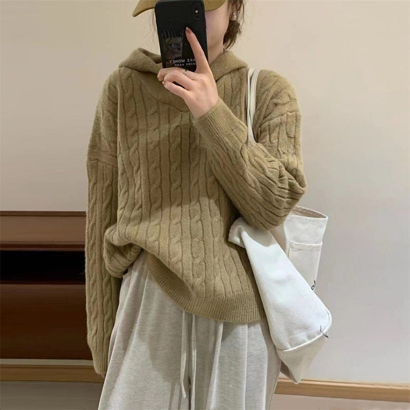 Damen Kuscheliger Strickpullover mit Kapuze und Kabelmuster Drune