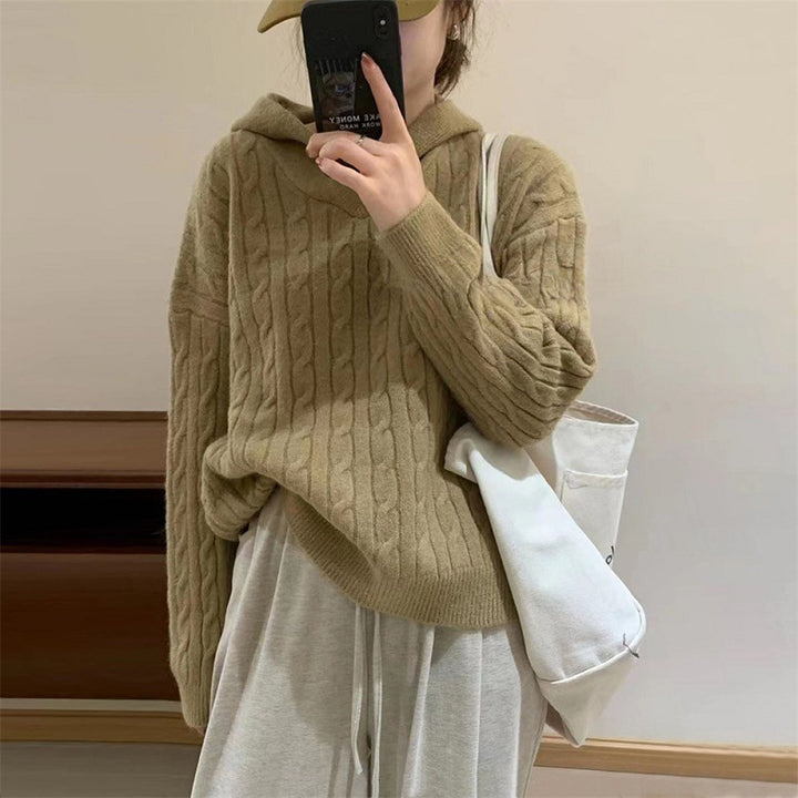 Damen Kuscheliger Strickpullover mit Kapuze und Kabelmuster Drune