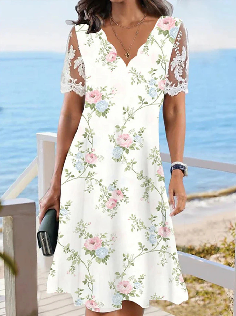 Damen nan A-Linien-Midikleid mit wellenförmigem V-Ausschnitt, ganzflächigem Blumenmuster und transparenten Spitzenärmeln Drune