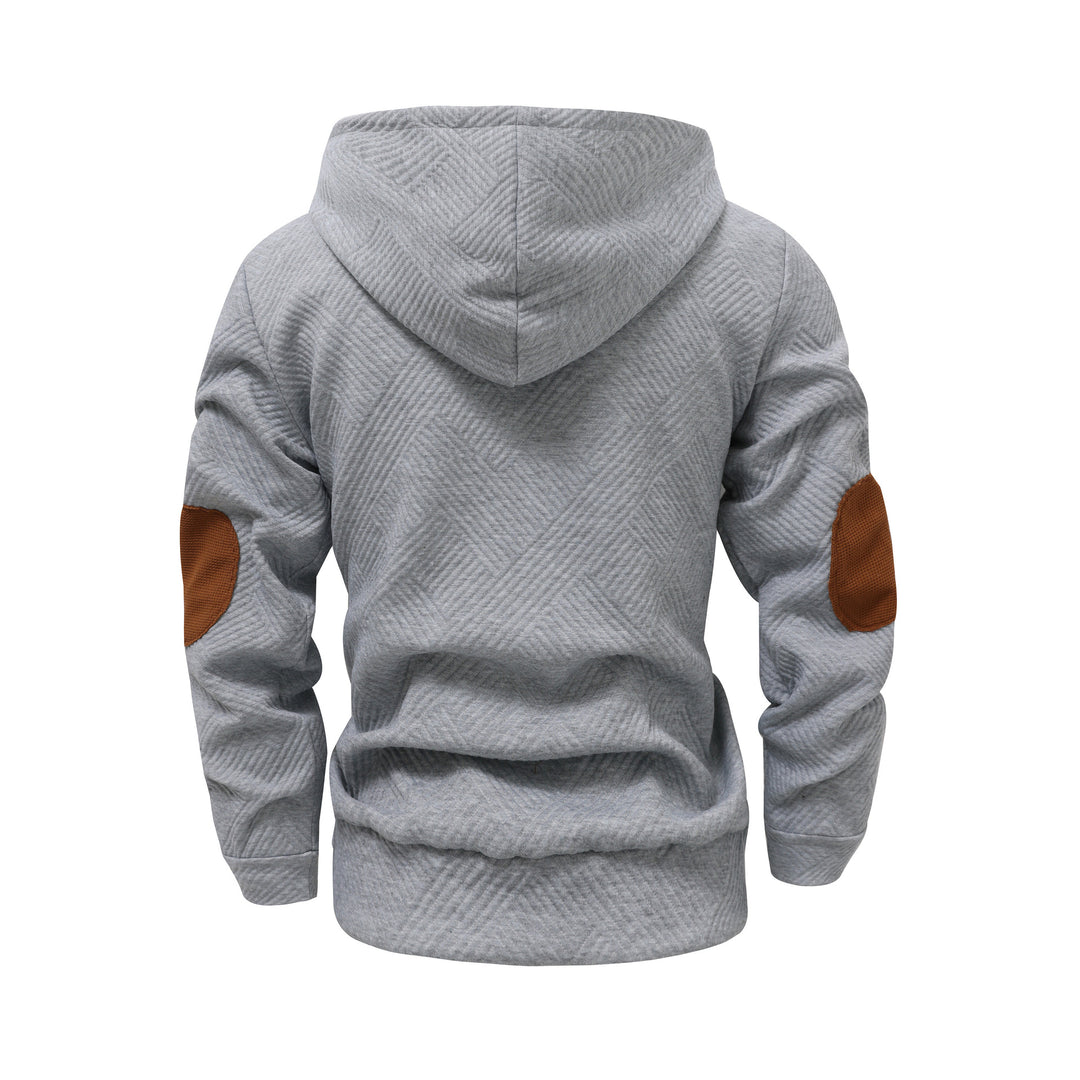 Herren nan strukturierter Kapuzenpullover im Henley-Stil mit Kontrastbesatz und Ellenbogenaufnähern Drune