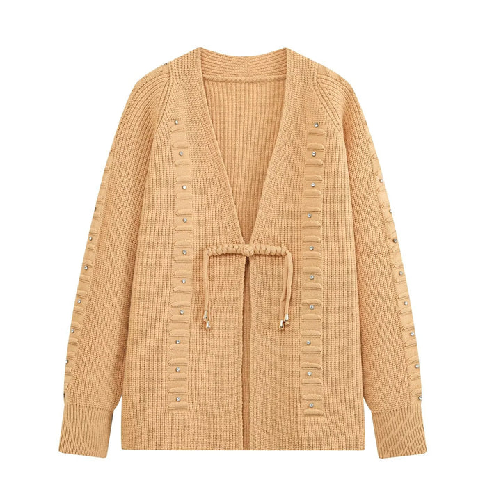 Damen Grobgestrickter Longcardigan mit Ziersteinen und Kordelbindung Drune