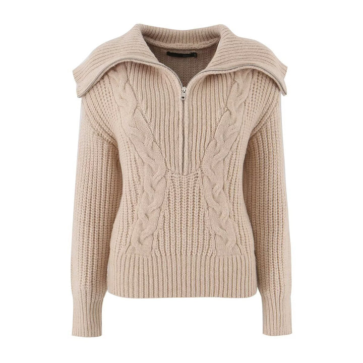 Damen Grobstrickpullover mit Zopfmuster und halbem Reißverschlusskragen Drune