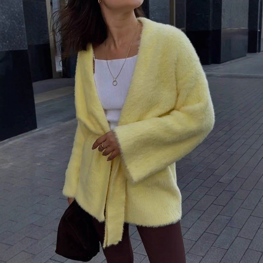 Damen Flauschige Strickjacke mit Gürtel Drune