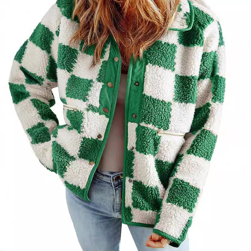 Damen flauschige Karojacke mit praktischen Taschen und Knopfverschluss Drune