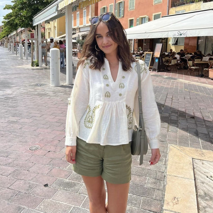 Damen nan bestickte Boho-Tunika mit Paisley-Stickerei, V-Ausschnitt und voluminösen Balloonärmeln Drune