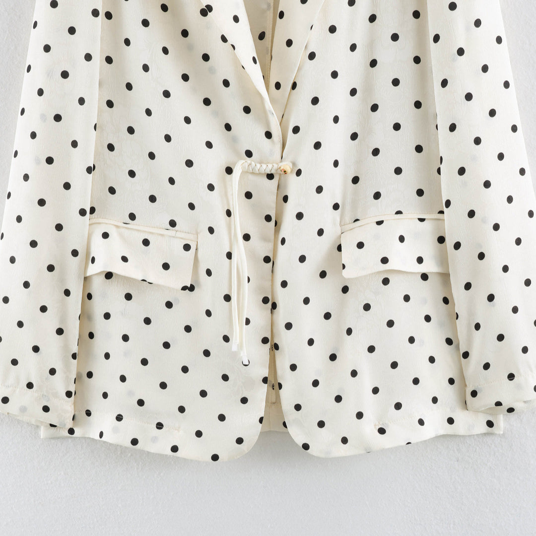 Damen Leichter gepunkteter Blazer mit Revers, Tunnelzug‑Taillierung und Pattentaschen Drune