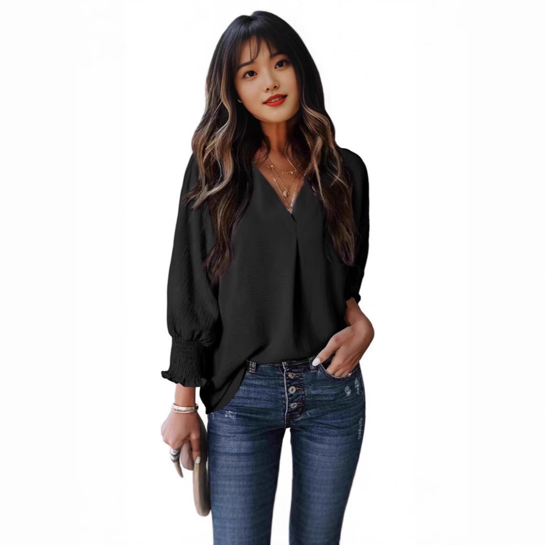 Damen V-Ausschnitt Bluse mit elastischen Ärmelbünden Drune