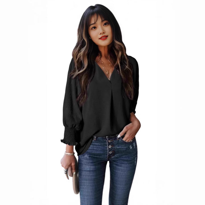 Damen V-Ausschnitt Bluse mit elastischen Ärmelbünden Drune