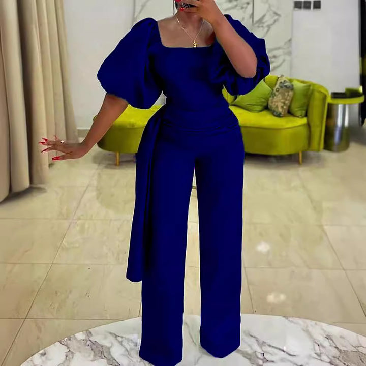 Damen Eleganter Jumpsuit mit voluminösen Puffärmeln und tailliertem Bund Drune