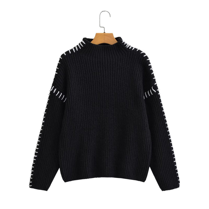 Damen Oversize-Strickpullover mit Stehkragen, Ballonärmeln und Ziernaht Drune