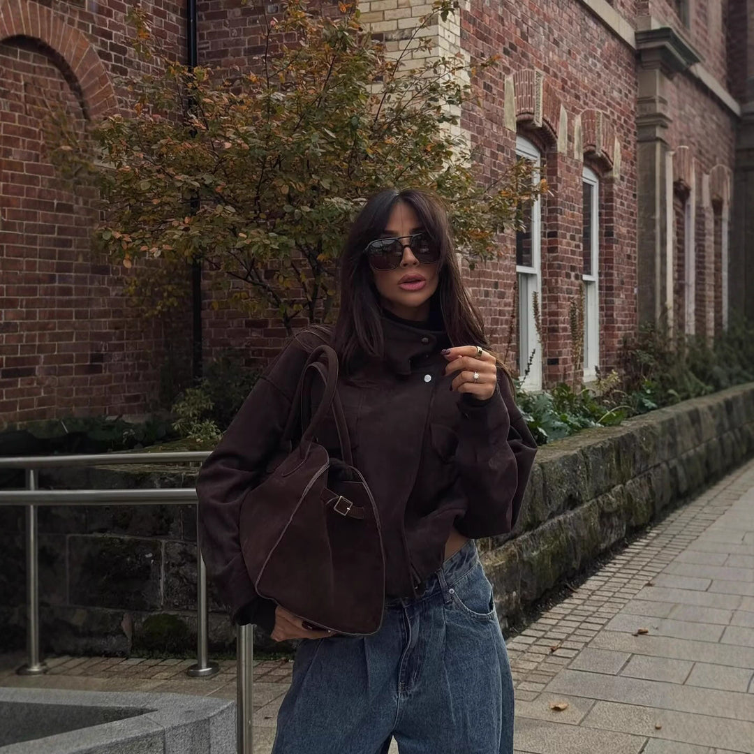 Damen Kurze Boxy‑Jacke in Velourslederoptik mit hohem Funnelkragen Drune
