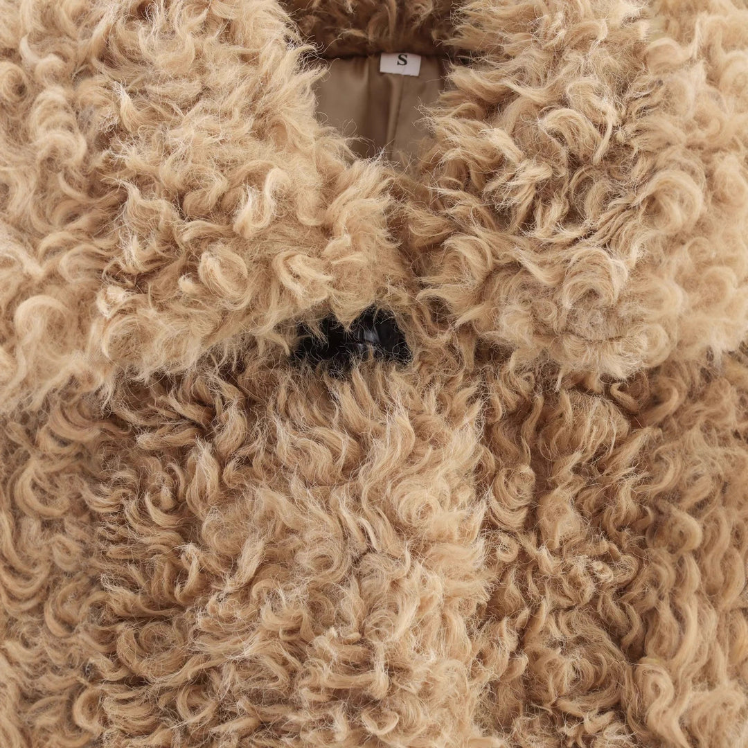 Damen nan kurze Bouclé-Teddyjacke mit lockiger Webstruktur Hemdkragen und Knopfverschluss Drune