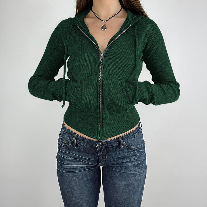 Damen nan schmal geschnittene Feinstrick-Hoodiejacke mit Metallzipper, Kängurutaschen und Daumenlochbündchen Drune