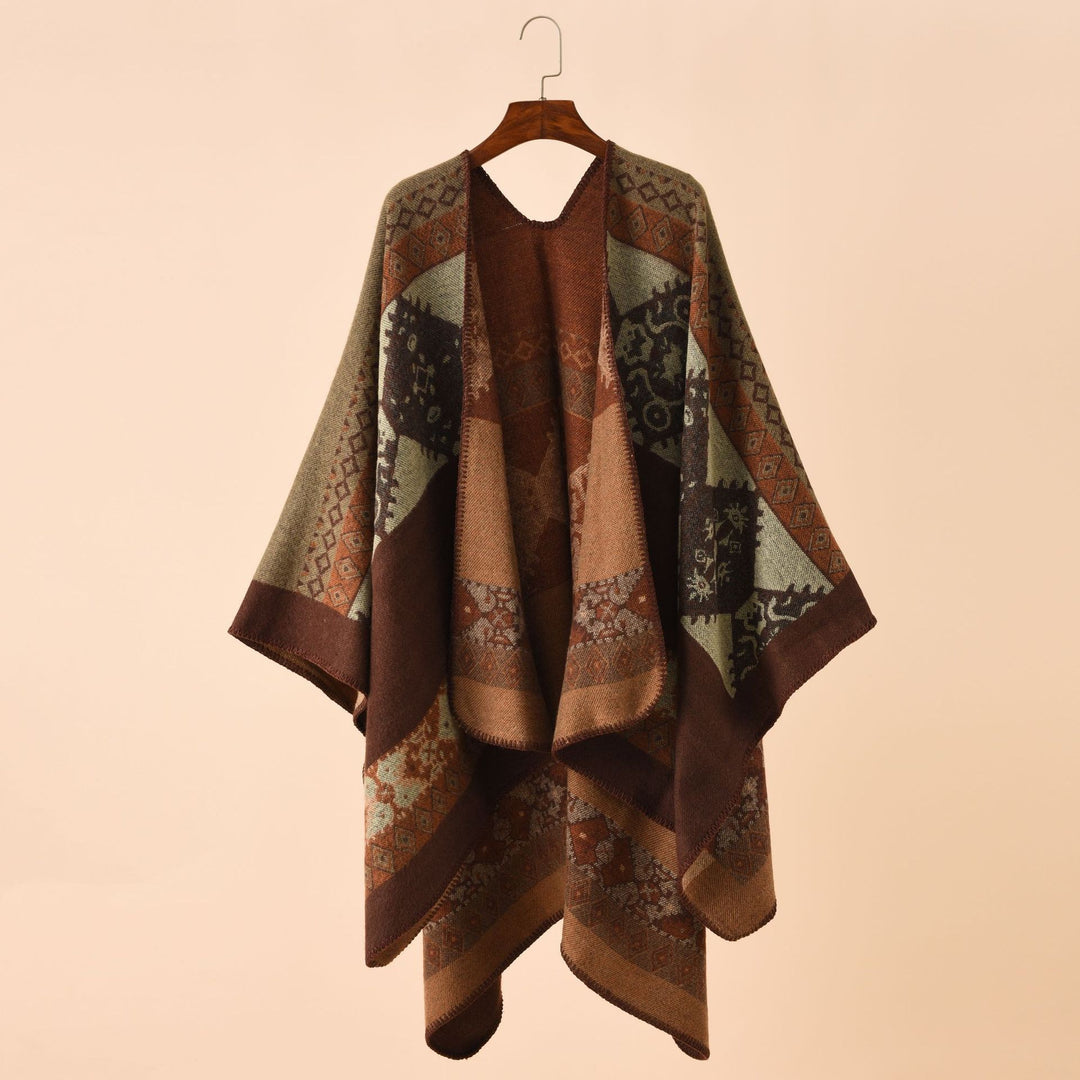 Damen Jacquard-Poncho-Cape mit Ethno-Muster und Wollmix Drune
